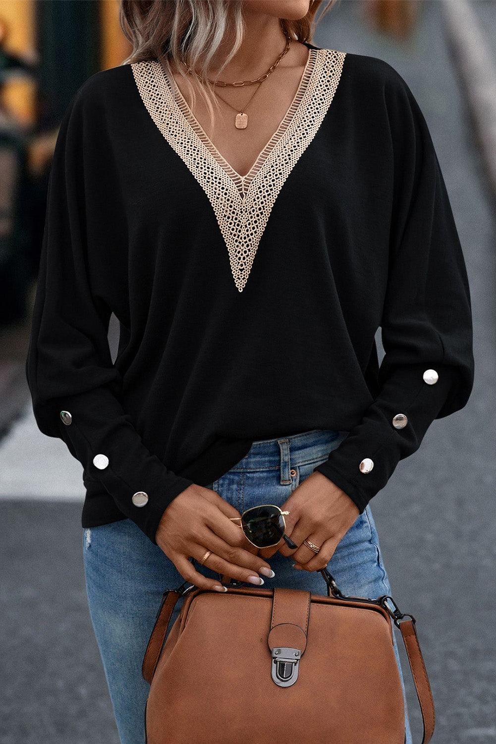 Contrast Guipure Lace Batwing Sleeve Top