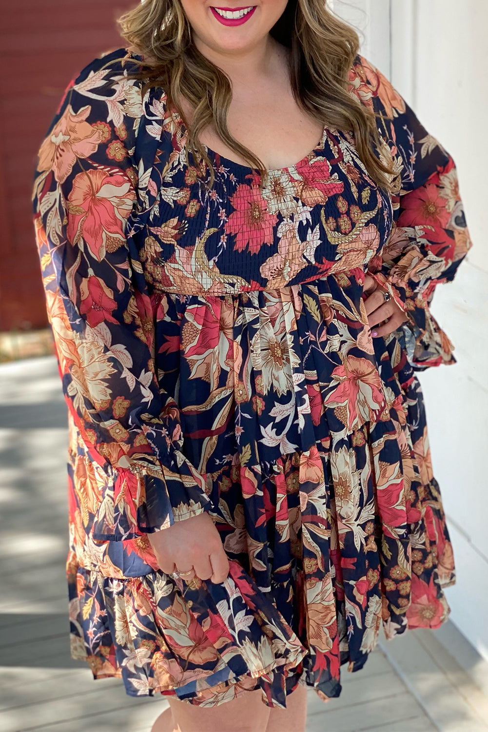 Floral Flounce Sleeve Smocked Ruffled Plus Size Dress