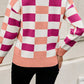 Checkered Ribbed Edge O Neck Drop Shoulder Sweater