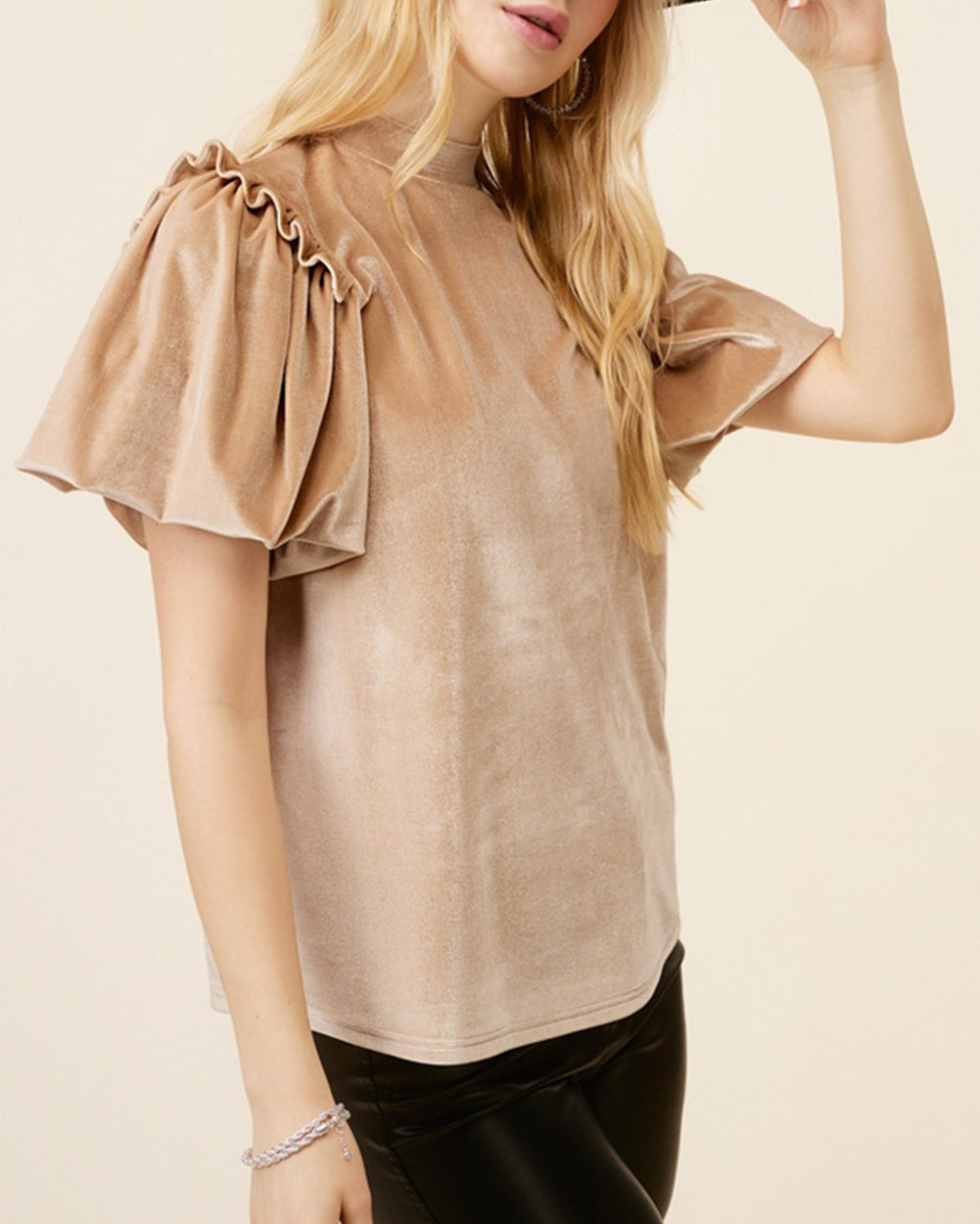 Frilly Puff Sleeve Mock Neck Blouse