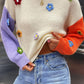 Flower Applique Colorblock Drop Shoulder Sweater