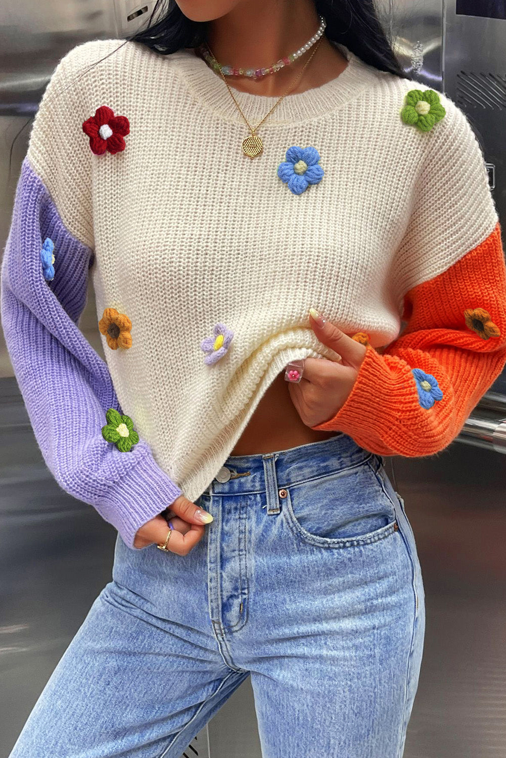 Flower Applique Colorblock Drop Shoulder Sweater