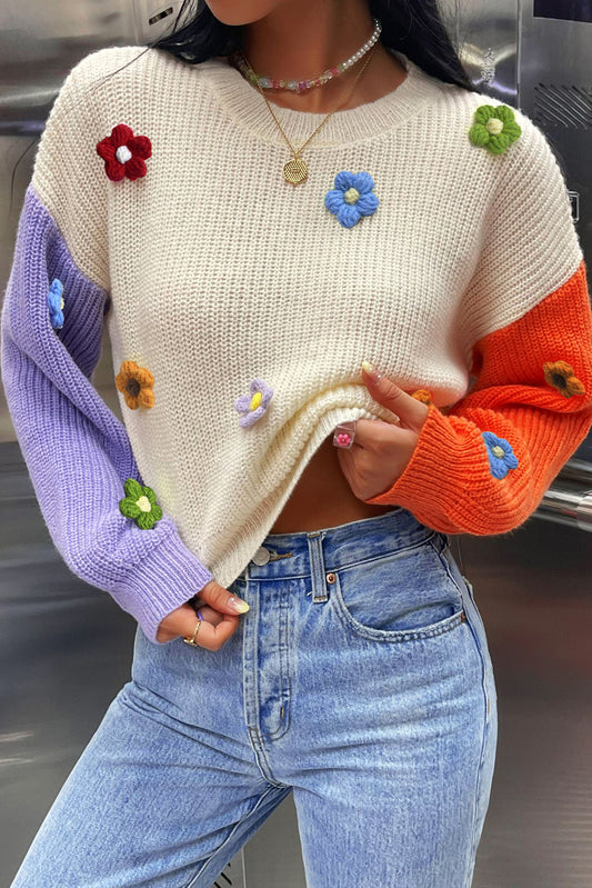 Flower Applique Colorblock Drop Shoulder Sweater