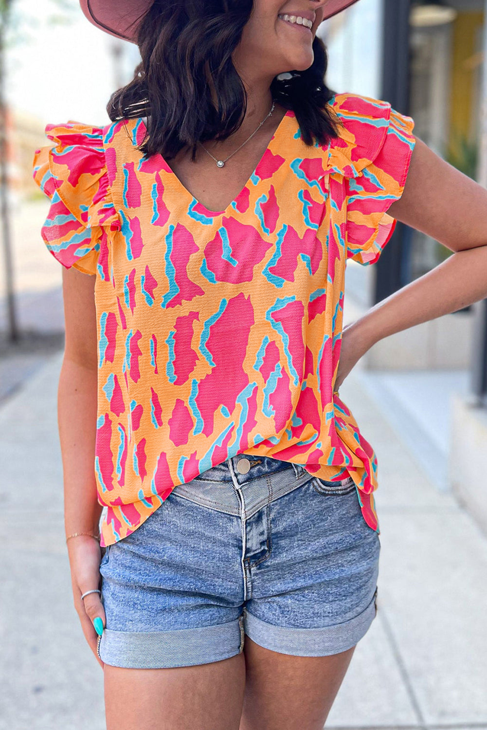 Abstract Print V Neck Ruffled Sleeve Blouse