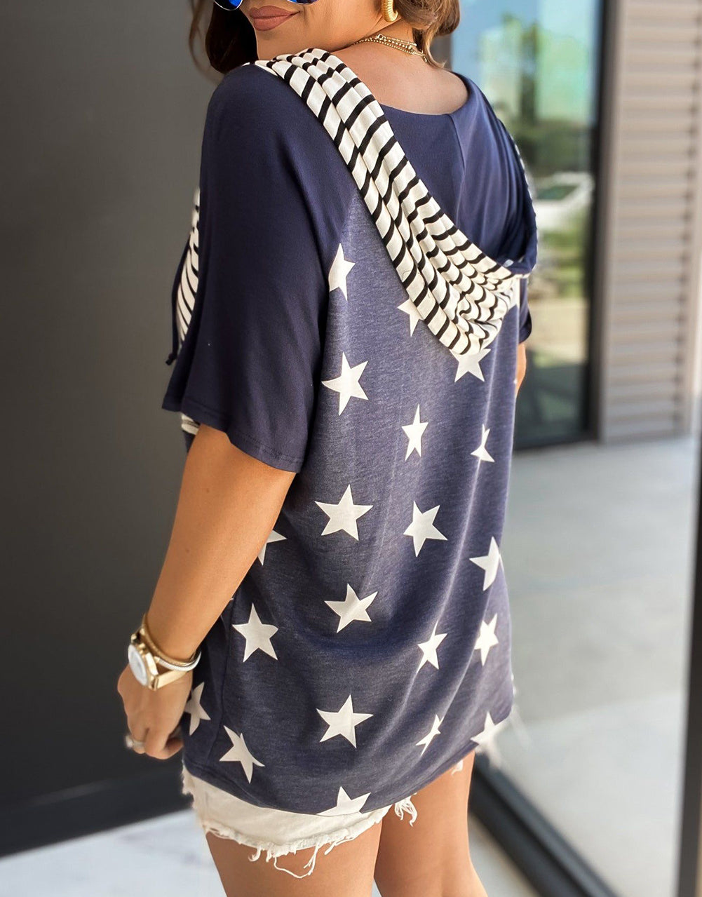 Stars and Stripes Print Drawstring Hooded T Shirt