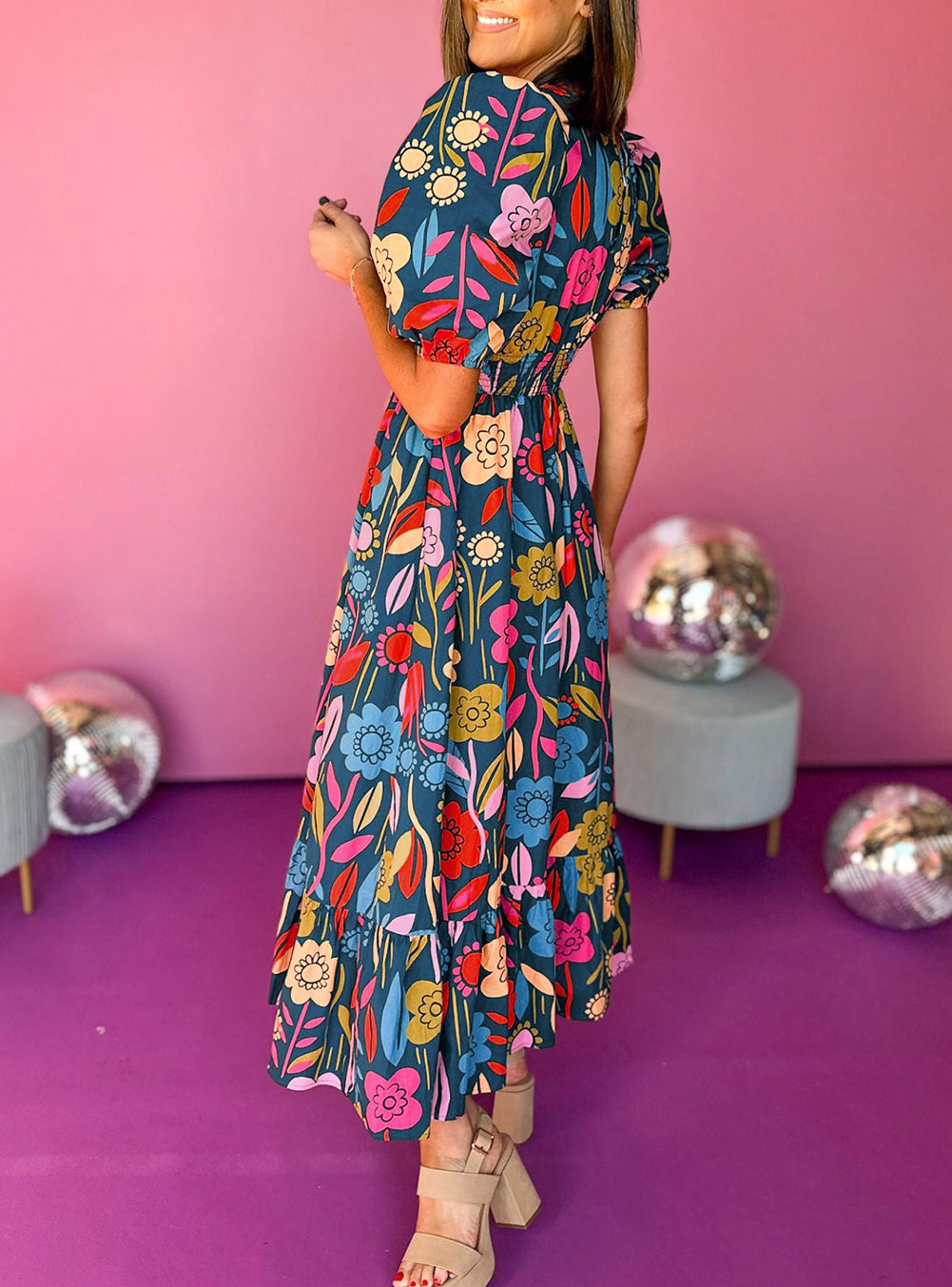 Retro Floral Printed Split Neck Maxi Dress