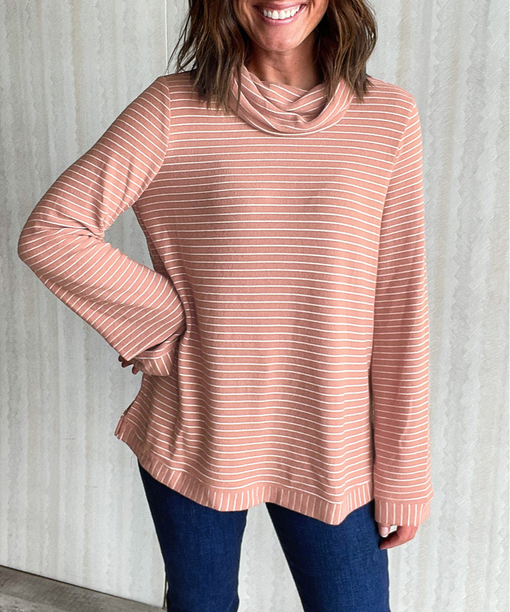 Stripe Cowl Neck Side Slits Loose Fit Long Sleeve Top