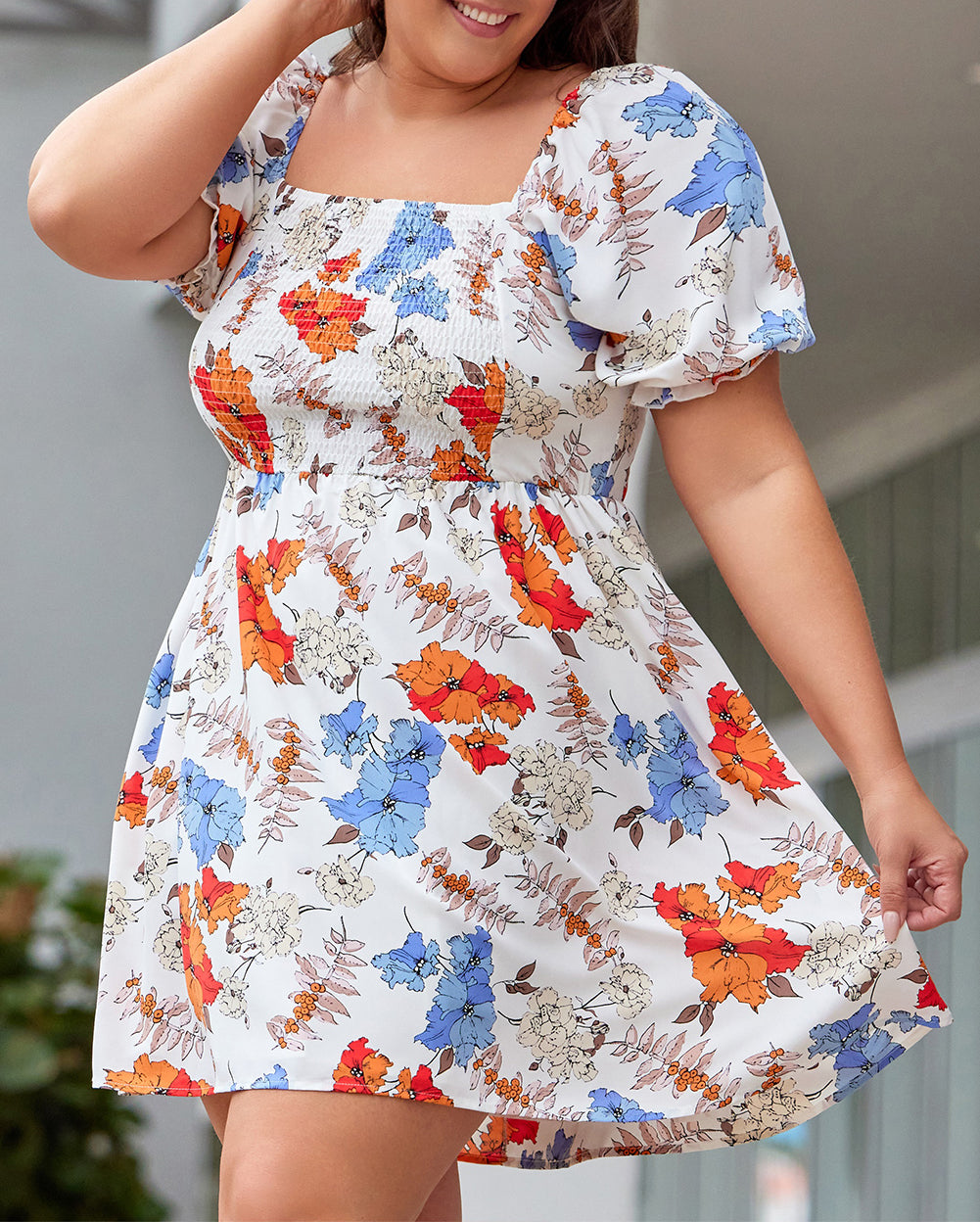 Floral Smocked Flared Plus Size Dress