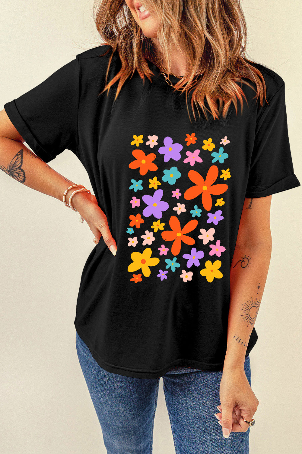 Flowers Print Loose Fit Crew Neck Casual Tee