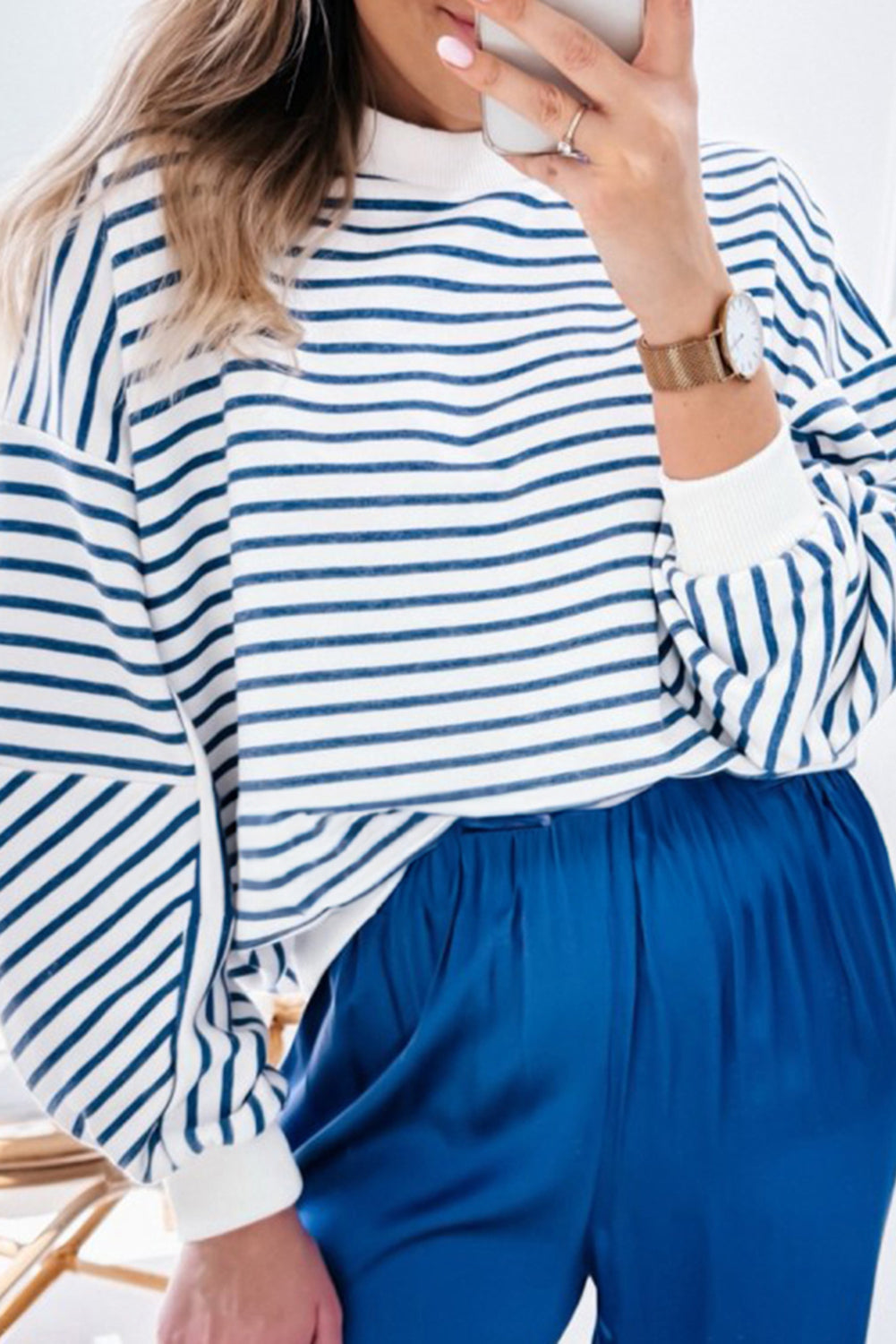 Stripe Drop Shoulder Crew Neck Loose Sweatshirt