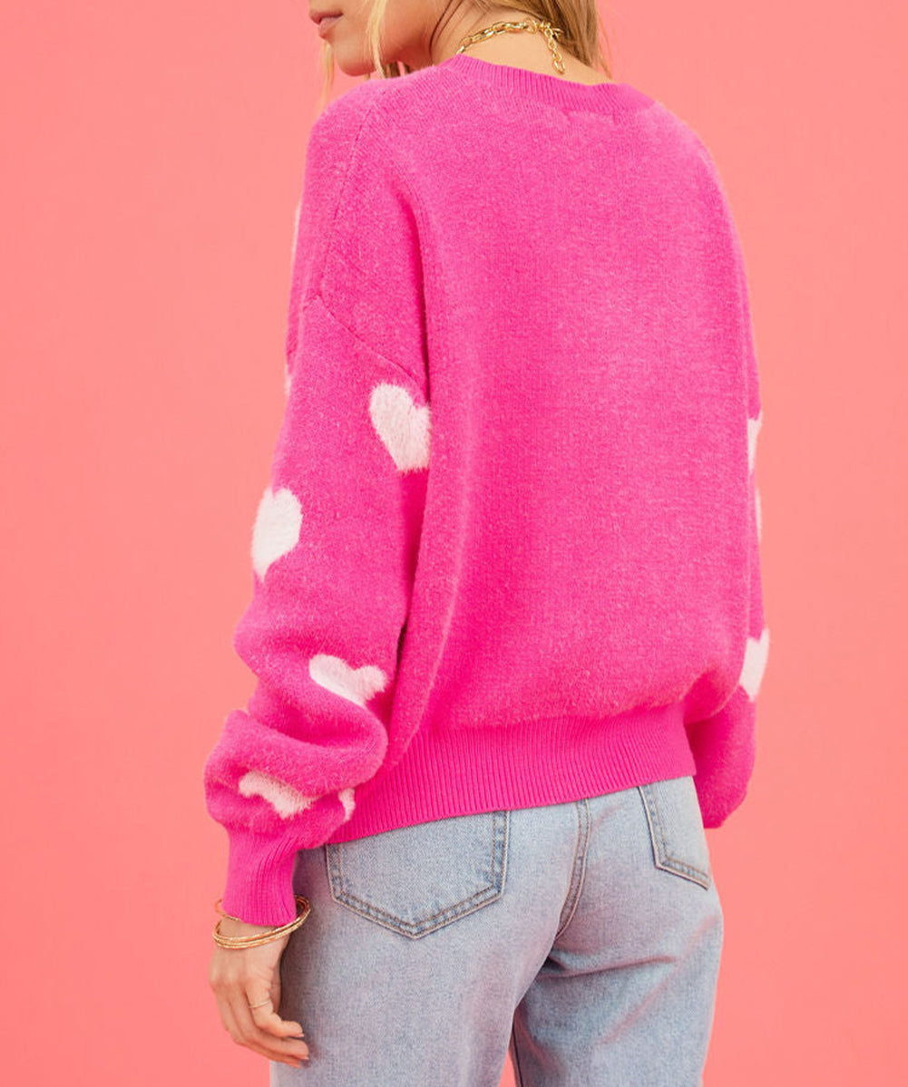 Fuzzy Valentine Hearts Drop Shoulder Sweater