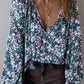 Boho Flower Split V Neck Bubble Sleeve Blouse