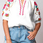 Floral Embroidered Ricrac Puff Sleeve Textured Blouse