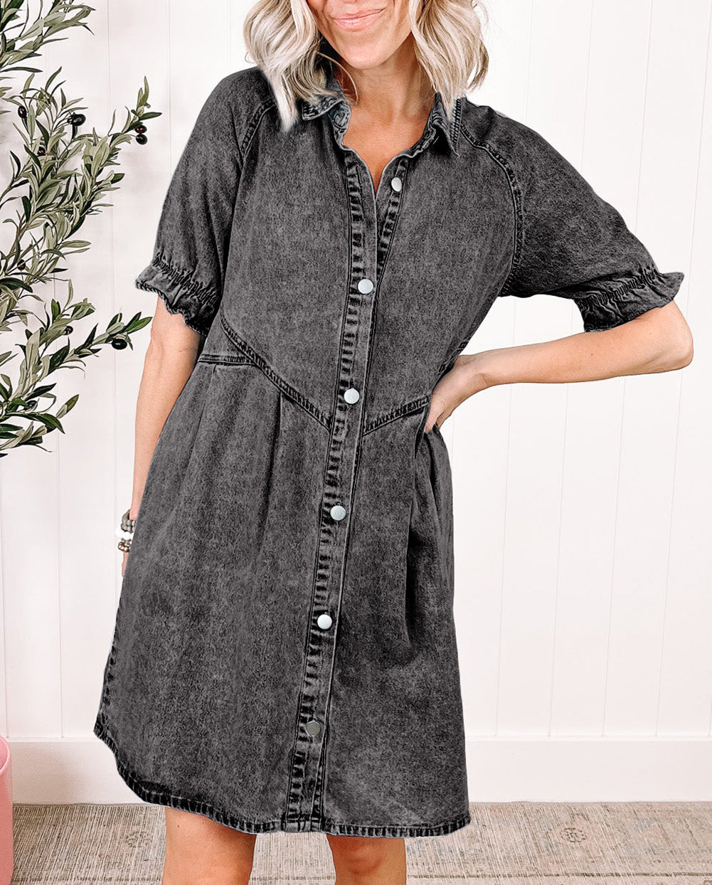 Mineral Wash Ruffled Short Sleeve Buttoned Denim Dress