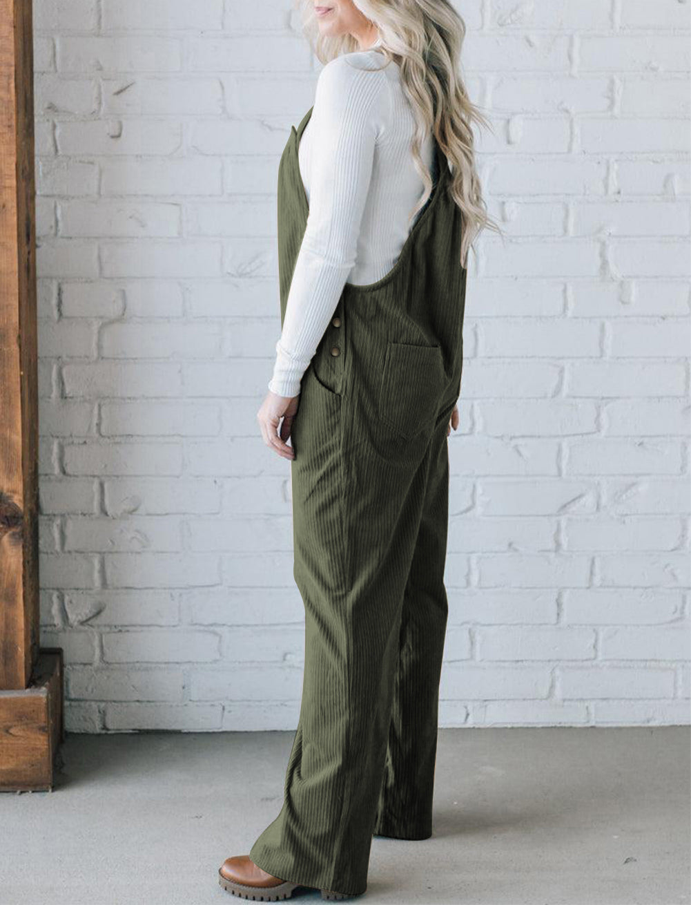 Solid Pocketed Loose Fit Corduroy Overall