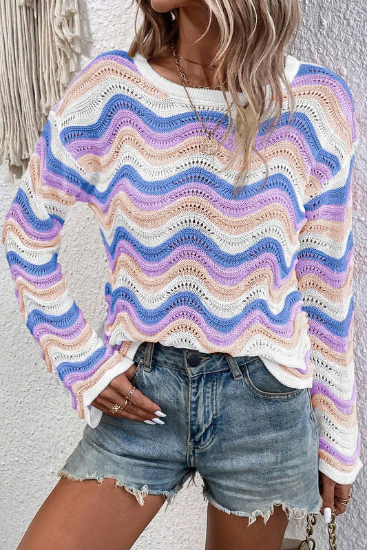 Stripe Wavy Pointelle Knit Drop Shoulder Sweater