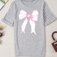 Bow Knot Print Ribbed Knit Sleeve Round Neck Tee