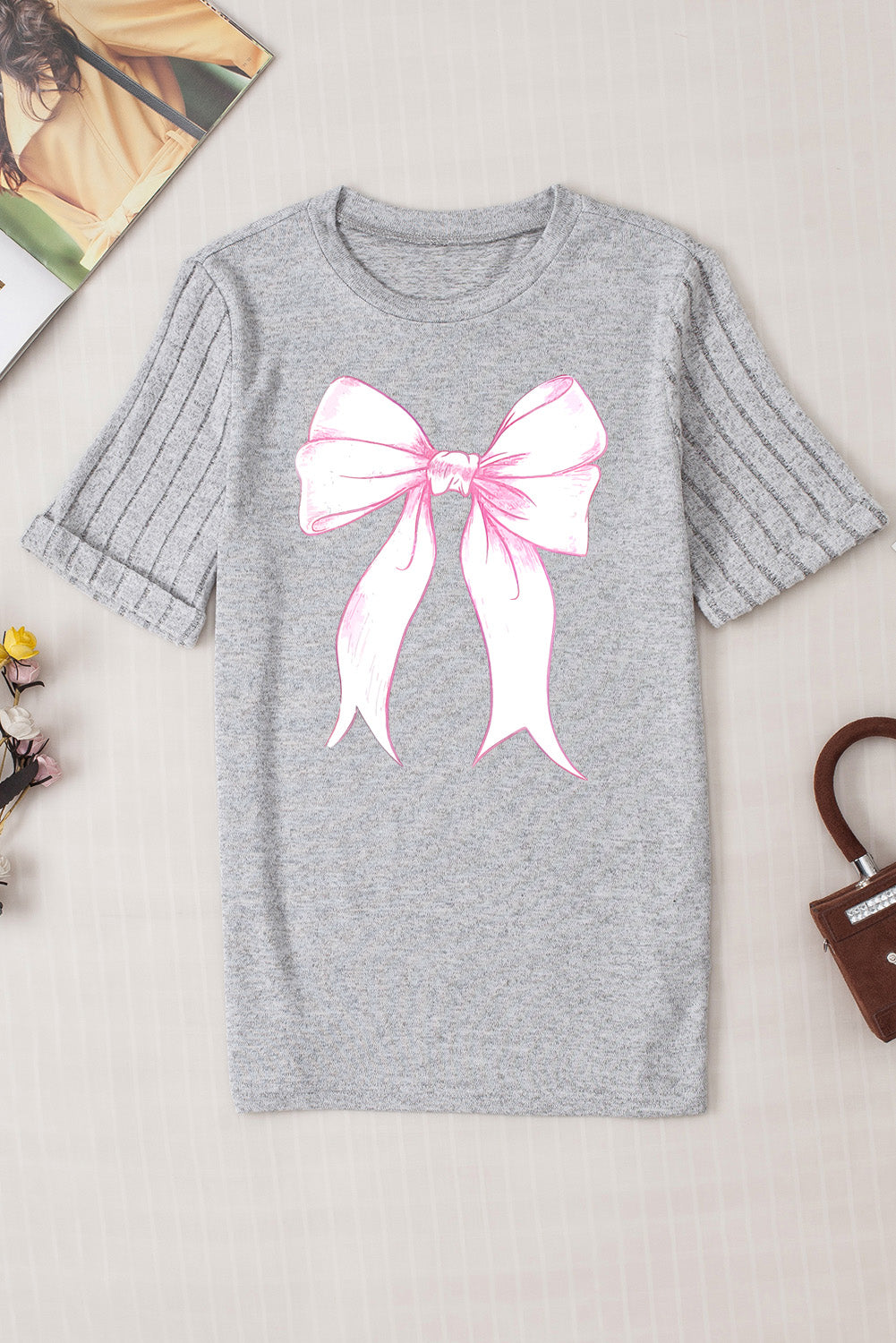 Bow Knot Print Ribbed Knit Sleeve Round Neck Tee
