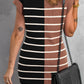 Stripe Color Block Quarter Zip Collar Short Sleeve Sweater Dress