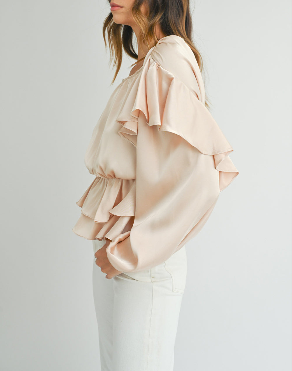 Lace-up Keyhole Back Ruffled Peplum Blouse