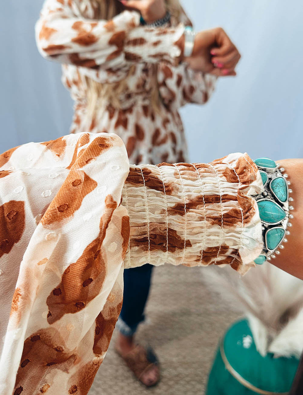 Leopard Jacquard Puff Sleeve Peplum Blouse