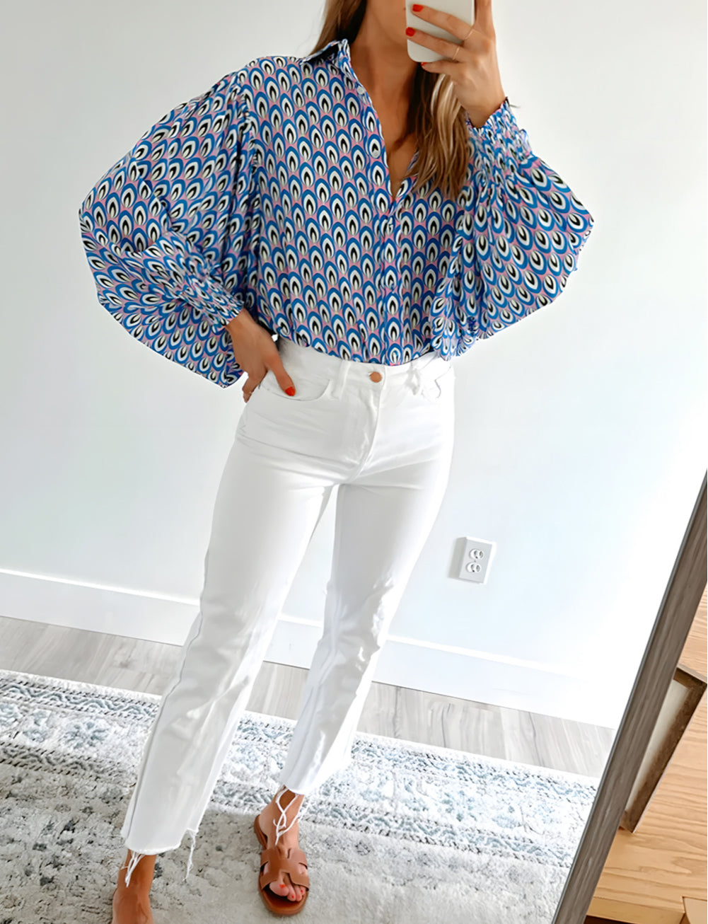 Abstract Print Shirred Cuff Buttoned Oversized Shirt