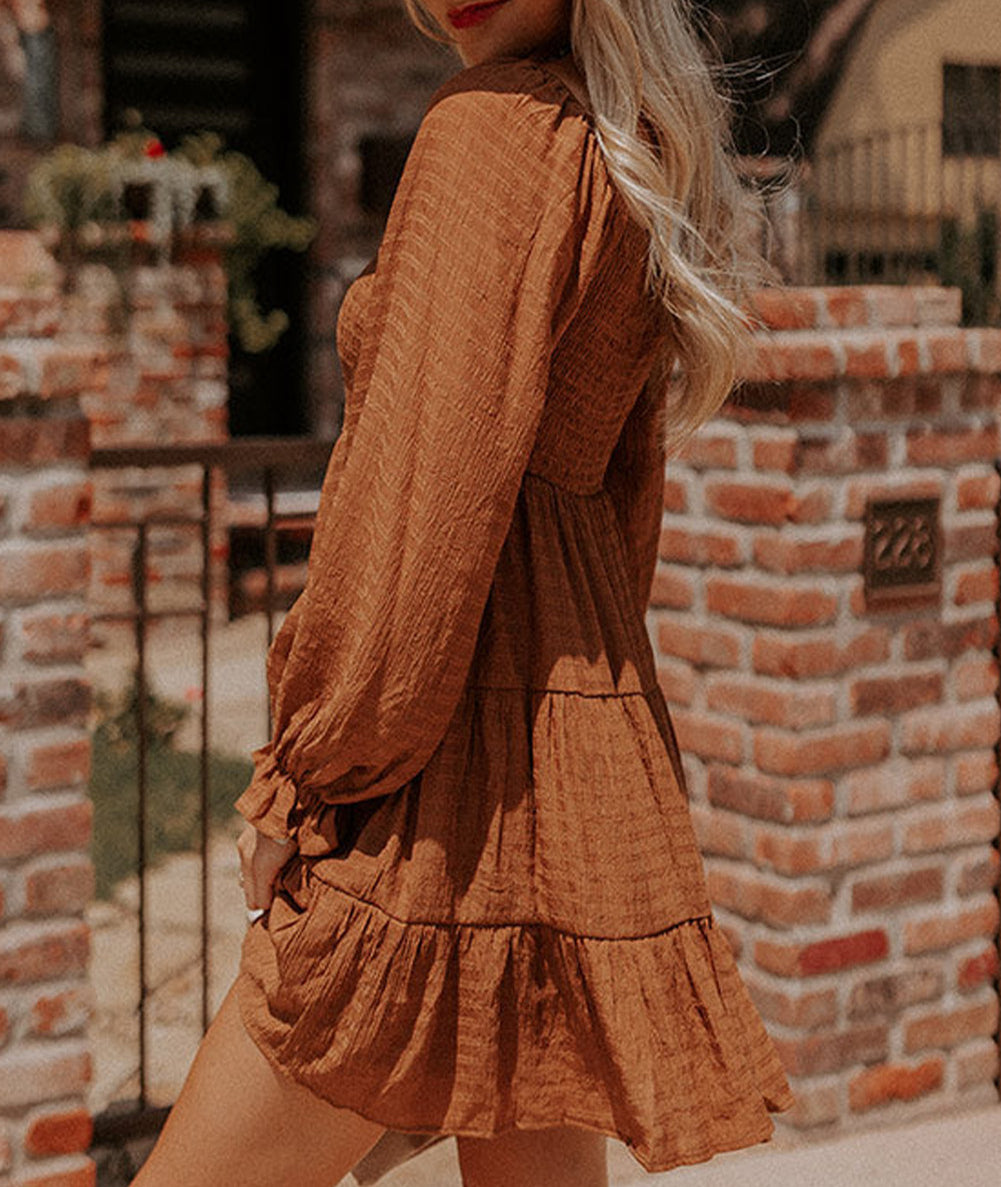 Bishop Sleeve Smocked Tiered Mini Dress