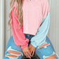 Corded Colorblock Patchwork Drop Shoulder Long Sleeve Top