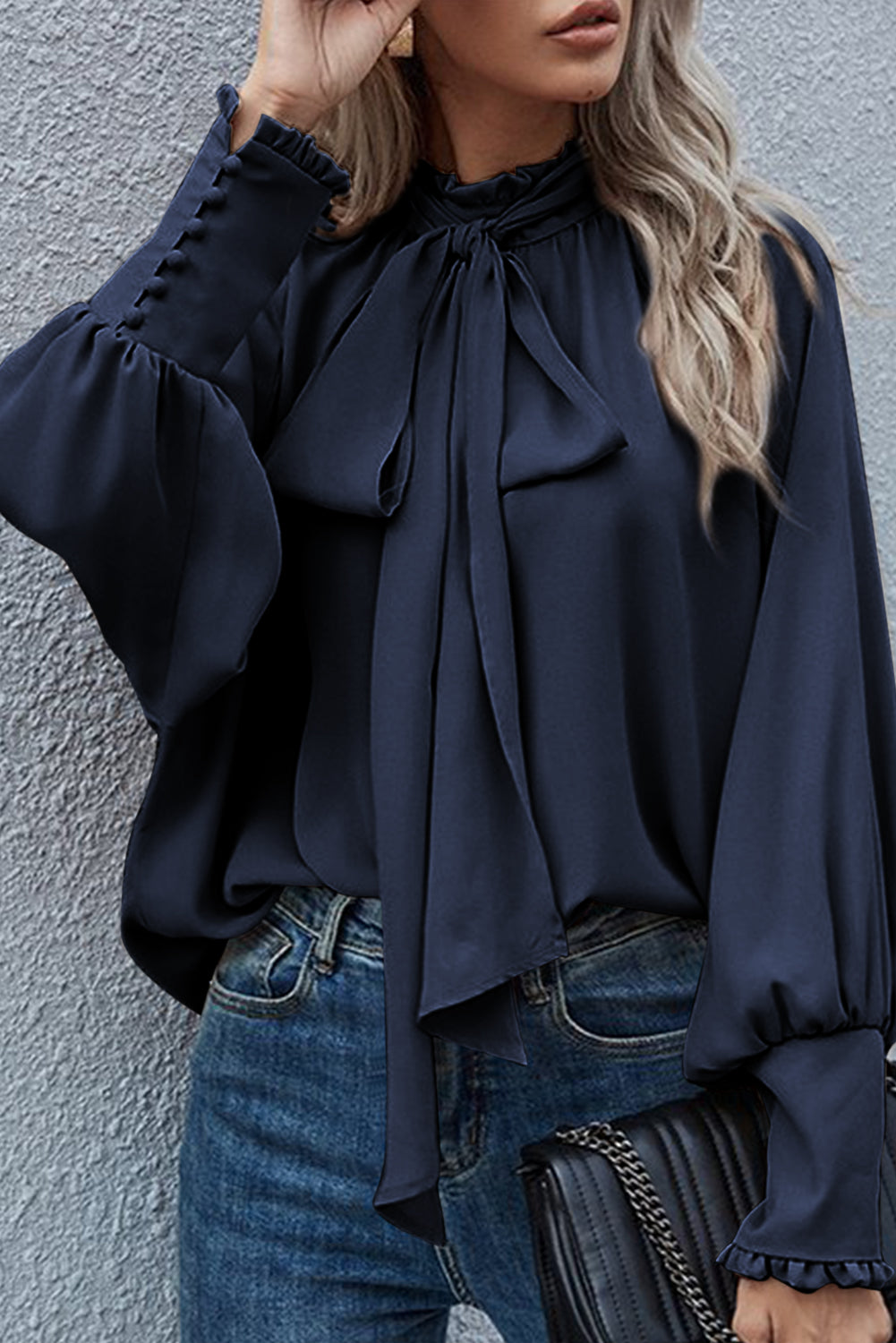 Frilled Knotted Mock Neck Bishop Sleeve Blouse