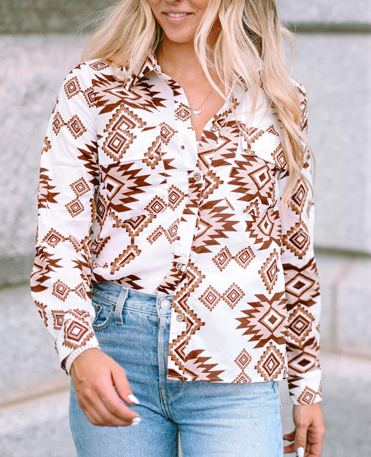 Western Aztec Pattern Button Flap Pocket Shirt