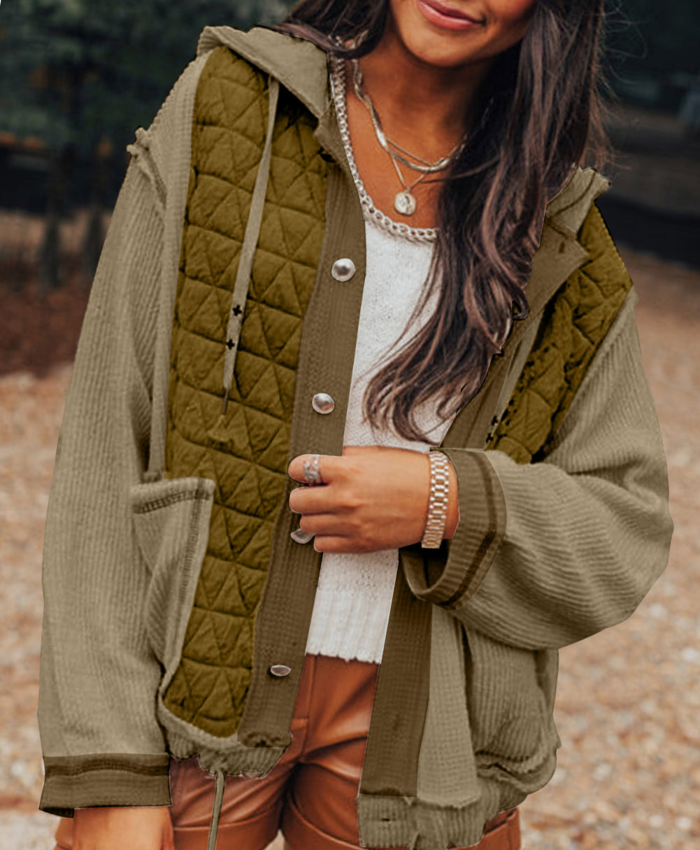 Quilted Textured Patchwork Loose Fit Hooded Jacket