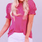 Rose Solid Color Smocked Puff Sleeve Blouse