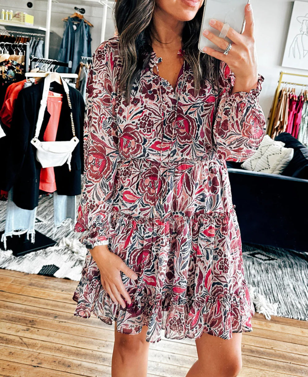 Floral Print Ruffle Tiered Puff Sleeve Mini Dress