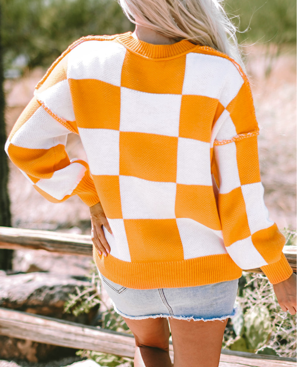 Stripe Checkered Bishop Sleeve Sweater