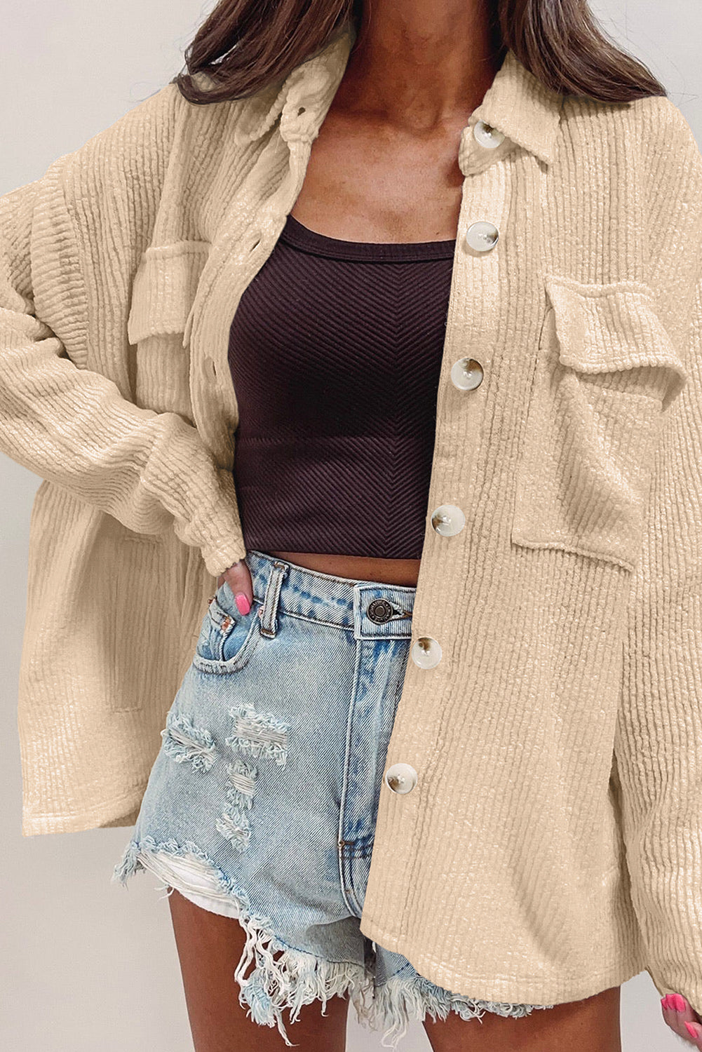 Solid Color Corduroy Buttoned Long Sleeve Jacket