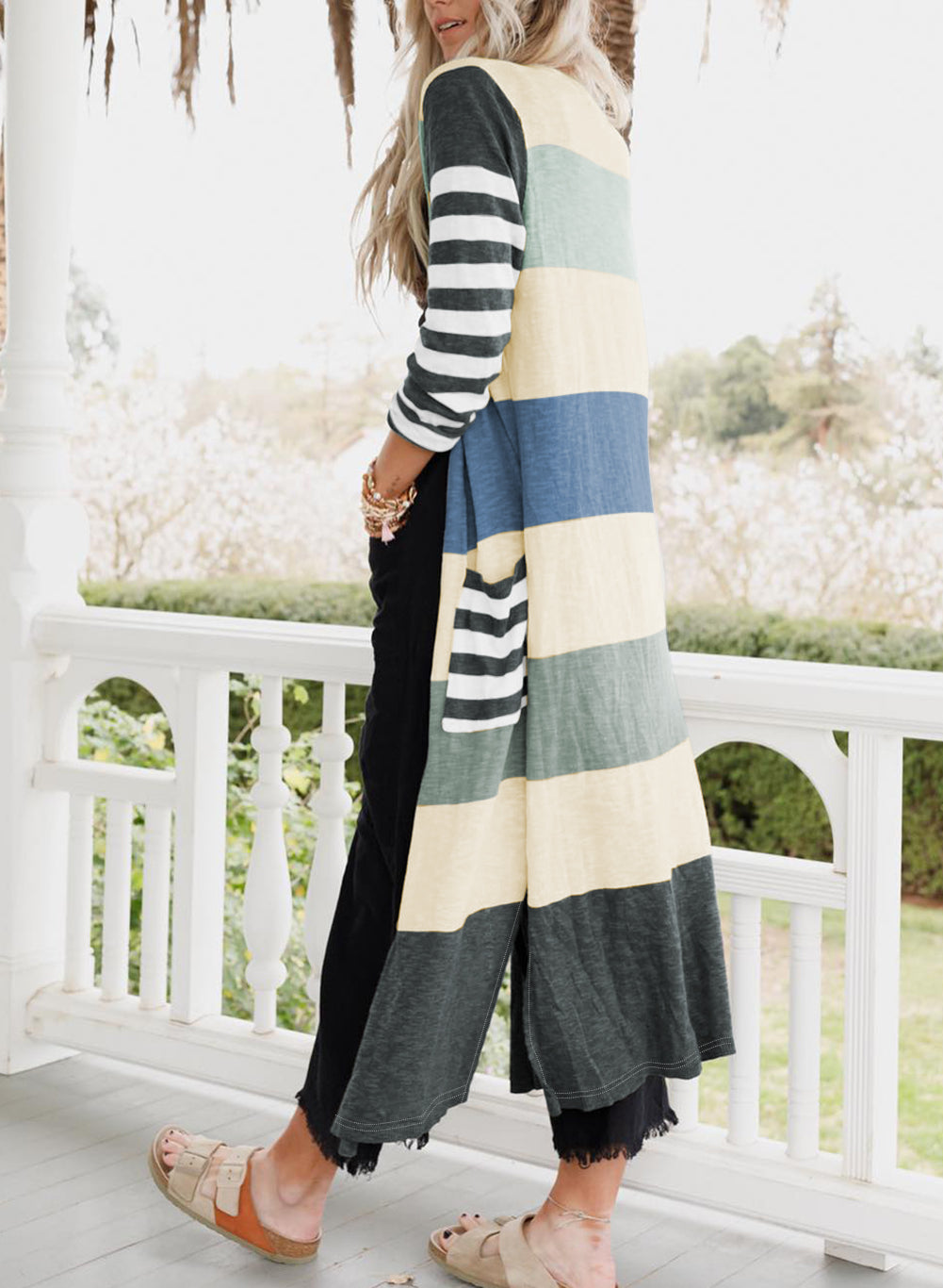 Mixed Stripes Pocketed Split Long Cardigan