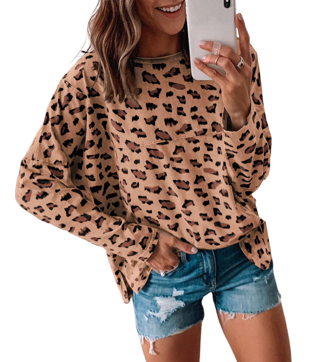 Animal Print Stitching Loose Long Sleeve Top
