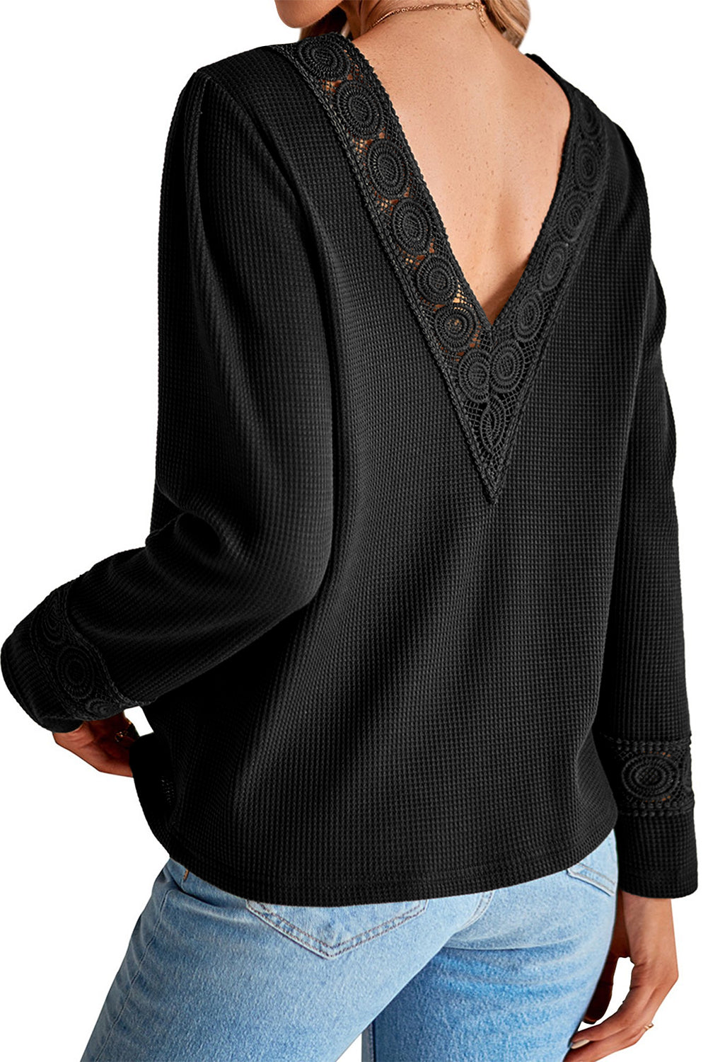 Lace Patchwork V Neck Waffle Knit Top