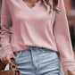 Ribbed Texture Lace Trim V Neck Long Sleeve Top