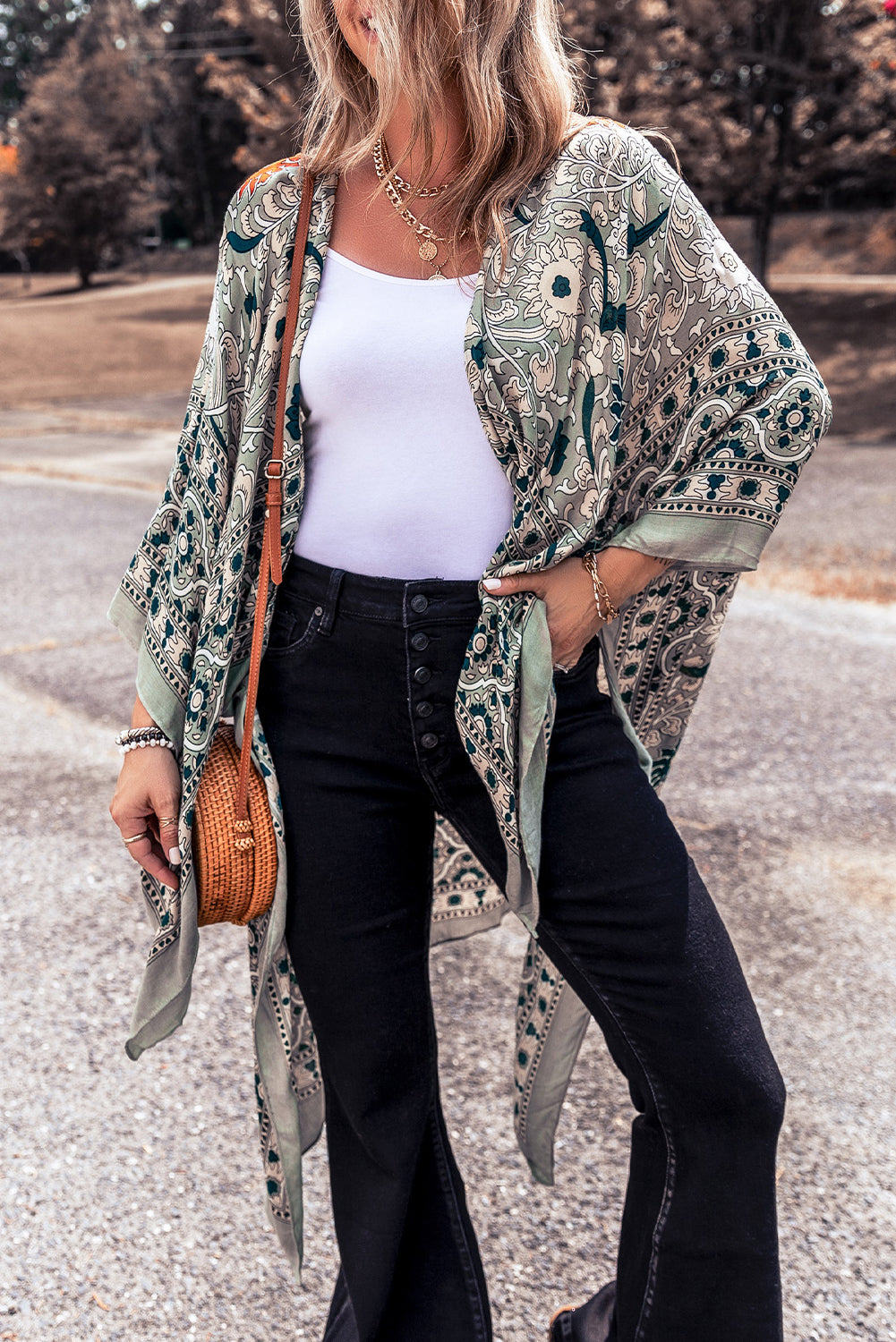 Vintage Floral Print Long Split Open Front Kimono