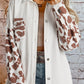 Cow Spot Patchwork Flap Pocket Distressed Hem Long Denim Jacket