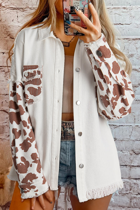 Cow Spot Patchwork Flap Pocket Distressed Hem Long Denim Jacket