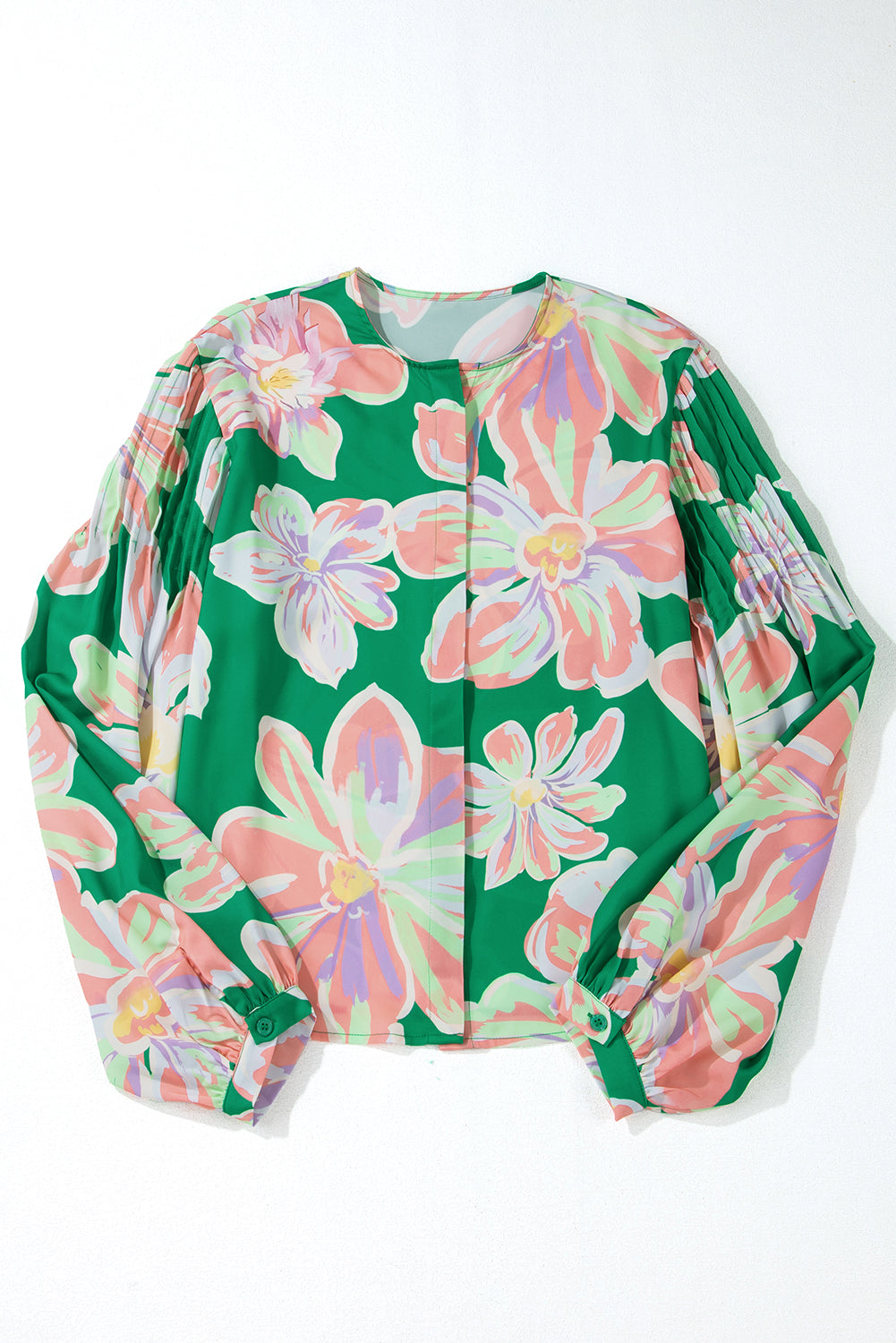 Floral Print Button up Pleated Puff Sleeve Loose Shirt