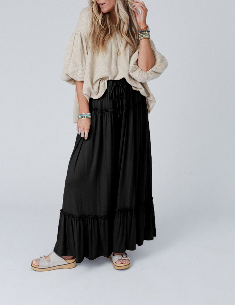Frilled Drawstring High Waist Wide Leg Pants