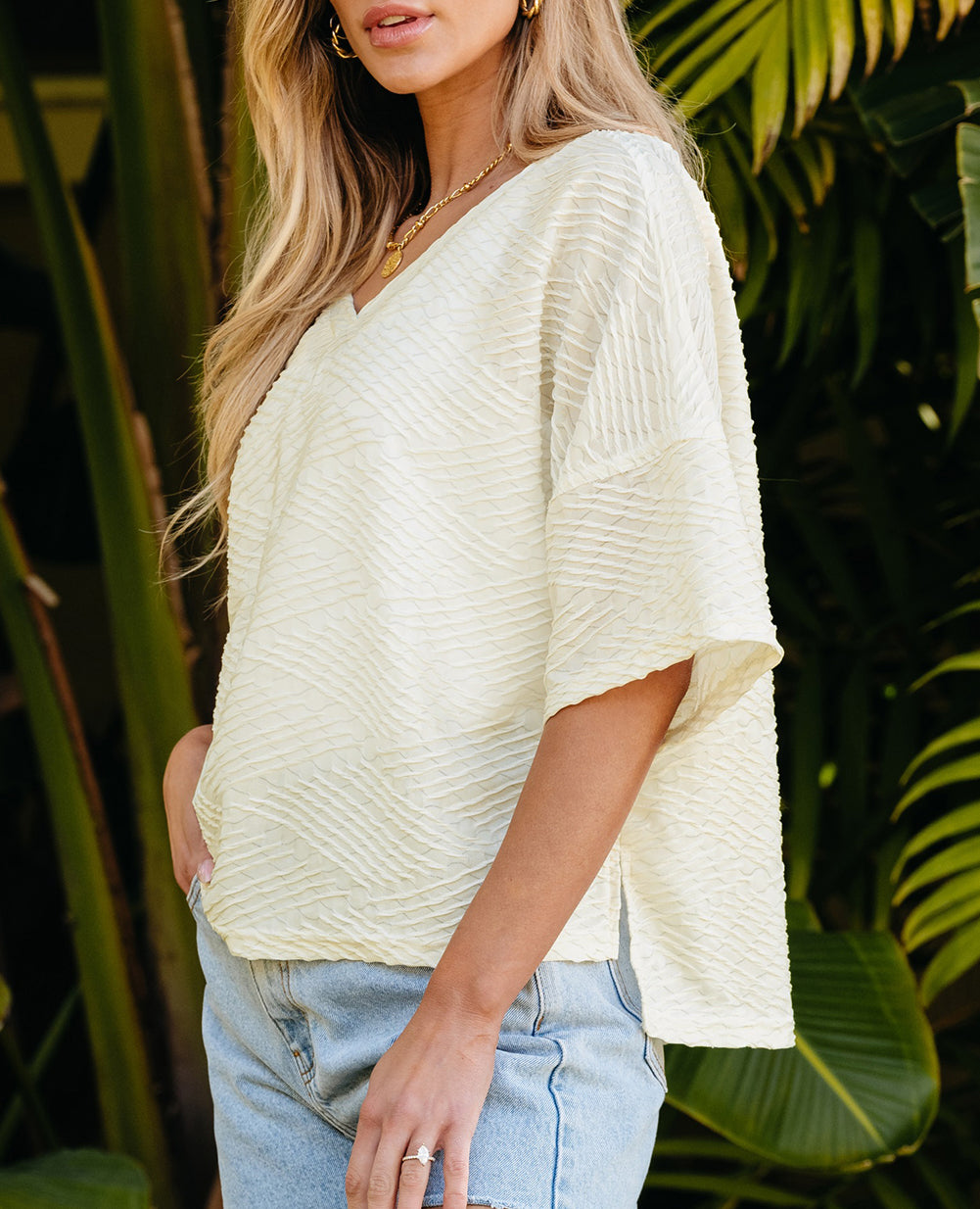V Neck Textured Split Hem Oversized Top