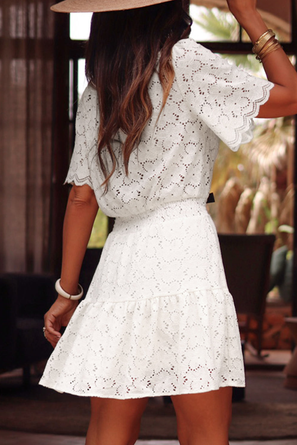 Scalloped Floral Lace Crochet Short Sleeve Mini Dress
