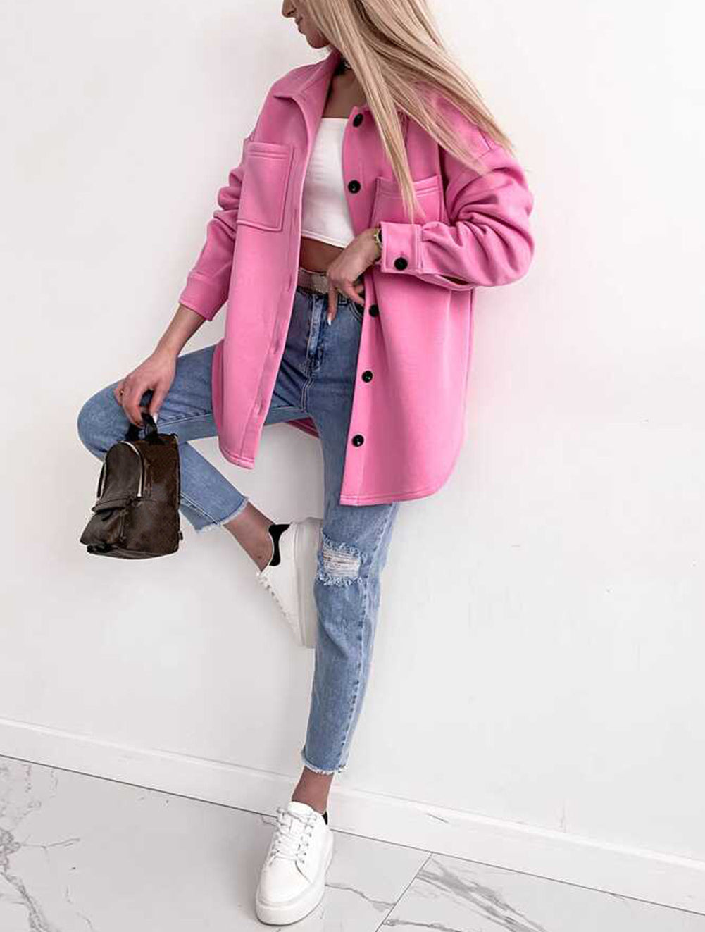 Solid Color Pocketed Button up Long Sleeve Shacket