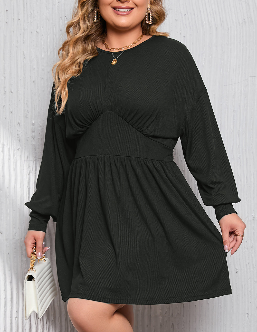 Plus Size Ribbed Knit Long Sleeve Tunic Babydoll Top