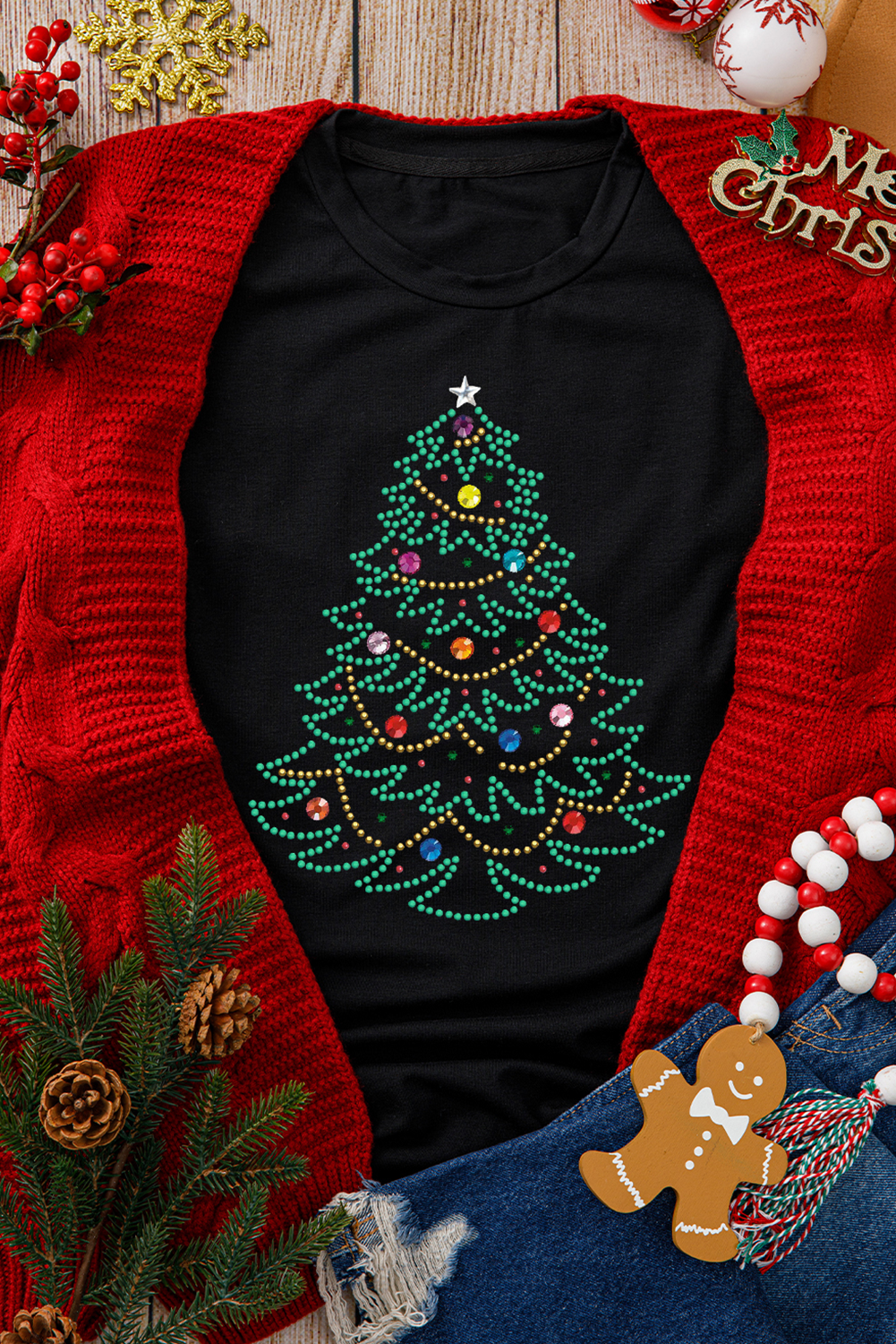 Rhinestone Christmas Tree Round Neck Graphic Tee