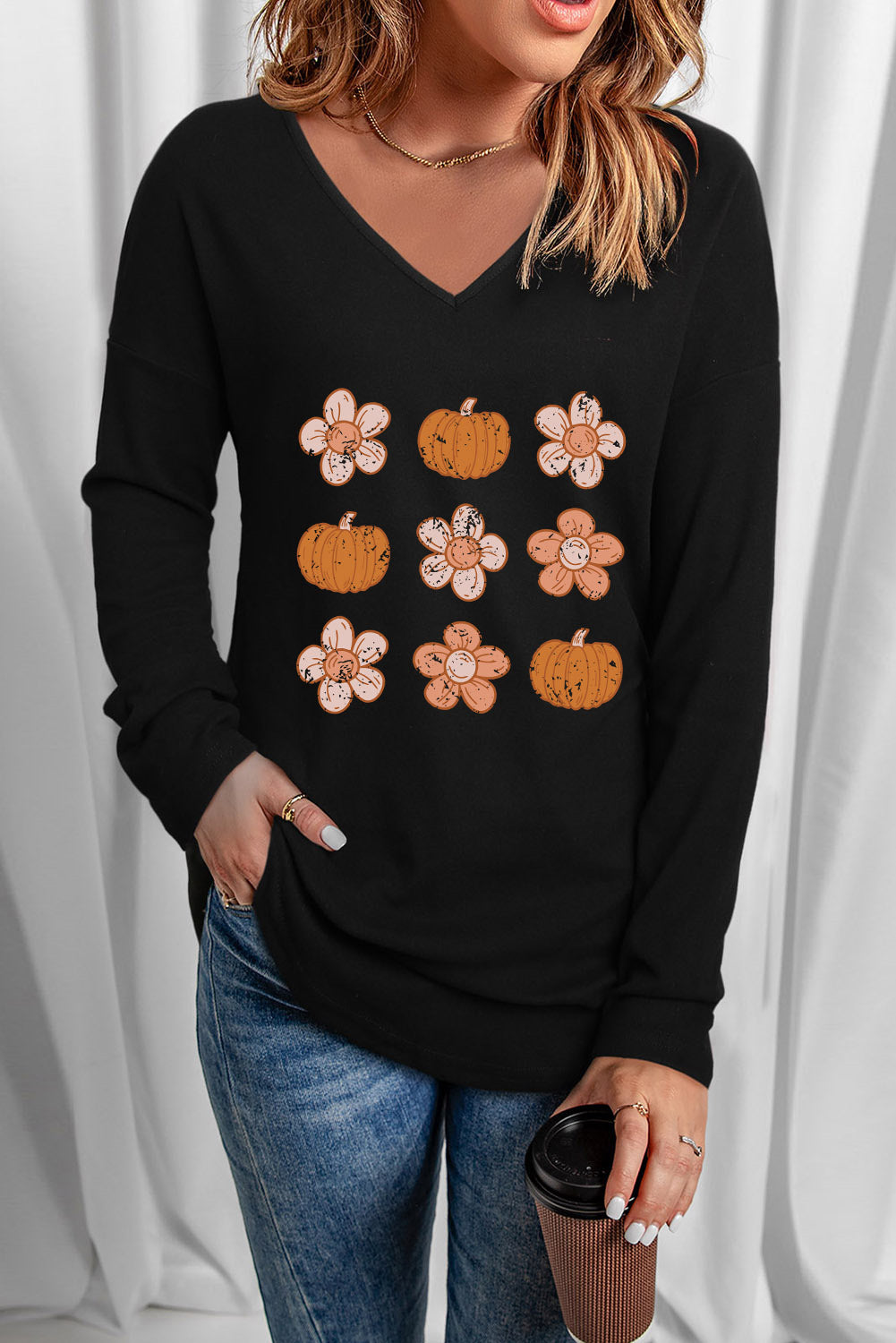 Flower Pumpkin Print Long Sleeve T Shirt